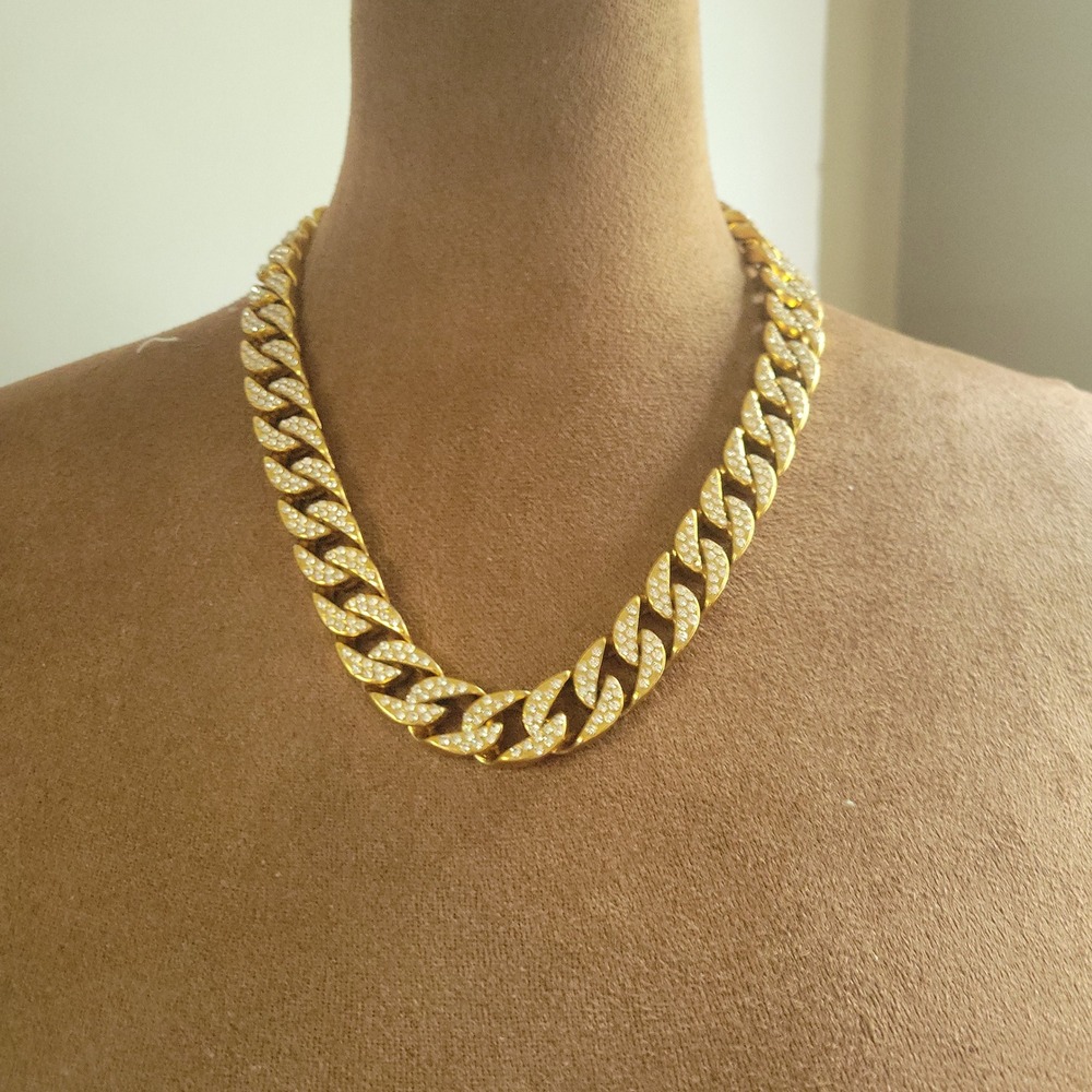 Gold Iced Out Rhinestone Cuban Link Curb Chain Necklace 20 Inch Streetwear